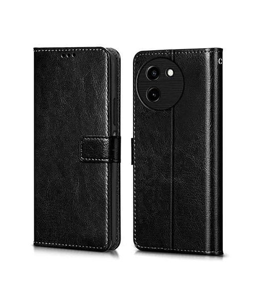 Flip Cover Back Case Cover for Vivo T3x 5G | Flexible | Leather Finish | Card Pockets Wallet & Stand (Black)