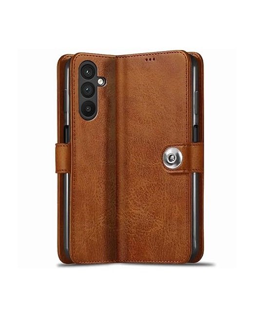 Flip Cover Back Case for Samsung Galaxy M35 5G | Genuine Leather Finish | Designer Button | Inbuilt Pockets & Stand (Flip, Brown)