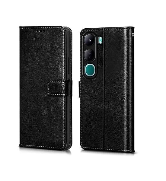 Flip Cover Back Case Cover for Vivo Y300 5G | Flexible | Leather Finish | Card Pockets Wallet & Stand (Black)