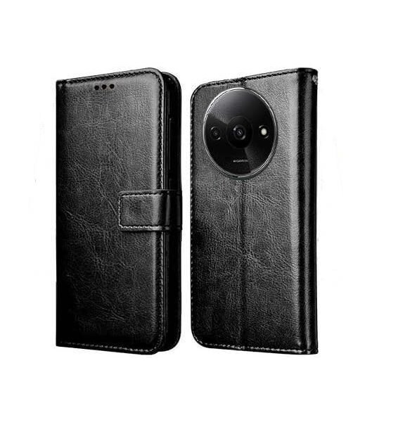 Flip Case Back Cover for Poco C61 5G | Leather Finish & Magnetic Stand with Card Holder | Shockproof (Flip Black)