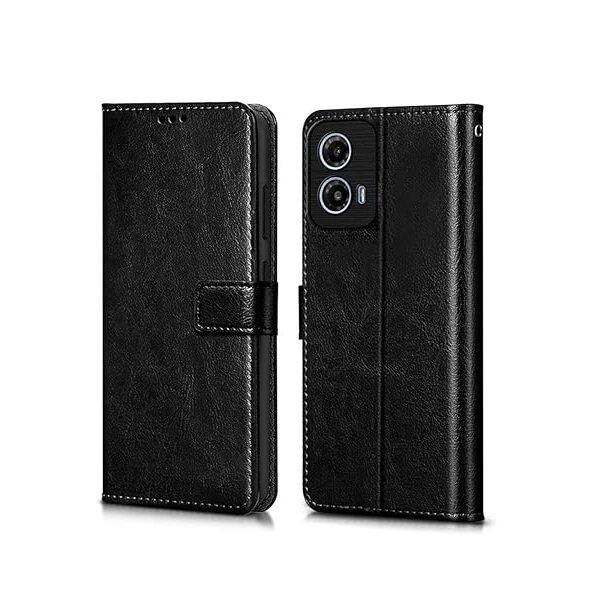 Flip Cover Back Case Cover for Motorola Moto G34 5G | Moto G45 5G | Flexible | Leather Finish | Card Pockets Wallet & Stand (Flip, Black)