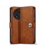 Flip Cover Back Case for OnePlus 13 5G | Genuine Leather Finish | Designer Button | Inbuilt Pockets & Stand | Wallet Style (Flip Brown)