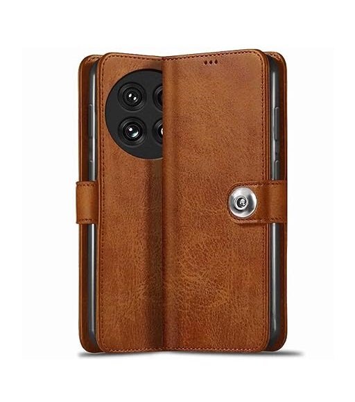 Flip Cover Back Case for OnePlus 13 5G | Genuine Leather Finish | Designer Button | Inbuilt Pockets & Stand | Wallet Style (Flip Brown)