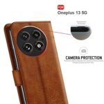 Flip Cover Back Case for OnePlus 13 5G | Genuine Leather Finish | Designer Button | Inbuilt Pockets & Stand | Wallet Style (Flip Brown)