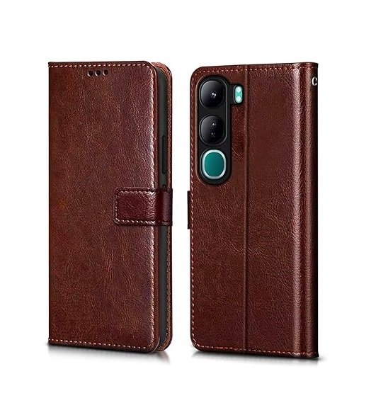 Flip Cover Back Case Cover for Vivo Y300 5G | Flexible | Leather Finish | Card Pockets Wallet & Stand (Brown