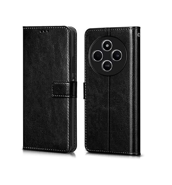 Flip Cover Back Case Cover for Redmi A4 5G | Poco C75 5G | Redmi 14C 5G | Flexible | Leather Finish | Card Pockets Wallet & Stand (Black)