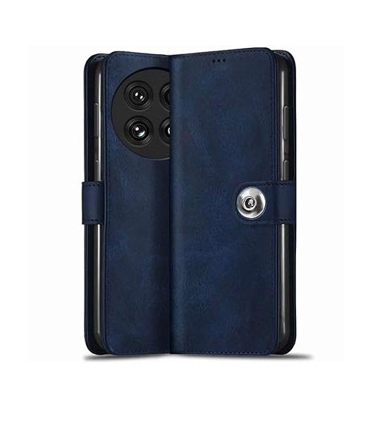 Flip Cover Back Case for OnePlus 13 5G | Genuine Leather Finish | Designer Button | Inbuilt Pockets & Stand | Wallet Style (Flip Blue)