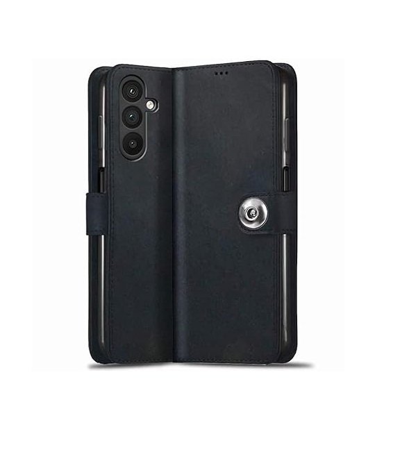 Flip Cover Back Case for Samsung Galaxy M35 5G | Genuine Leather Finish | Designer Button | Inbuilt Pockets & Stand (Flip, Black)