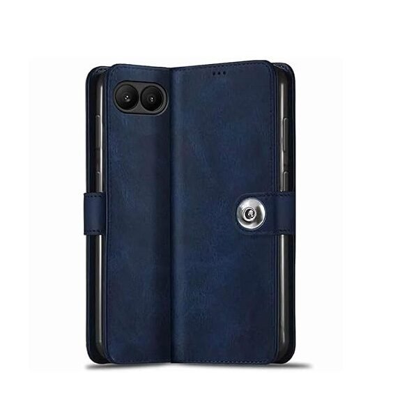 Leather Finish Flip Back Cover Case for OnePlus Nord 4 5G | Inbuilt Pockets & Stand | Wallet Style | Designer Button (Flip Blue)