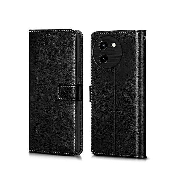 Back Case Cover for Vivo T3x 5G (Flexible | Leather Finish | Card Pockets Wallet & Stand (Flip Black)