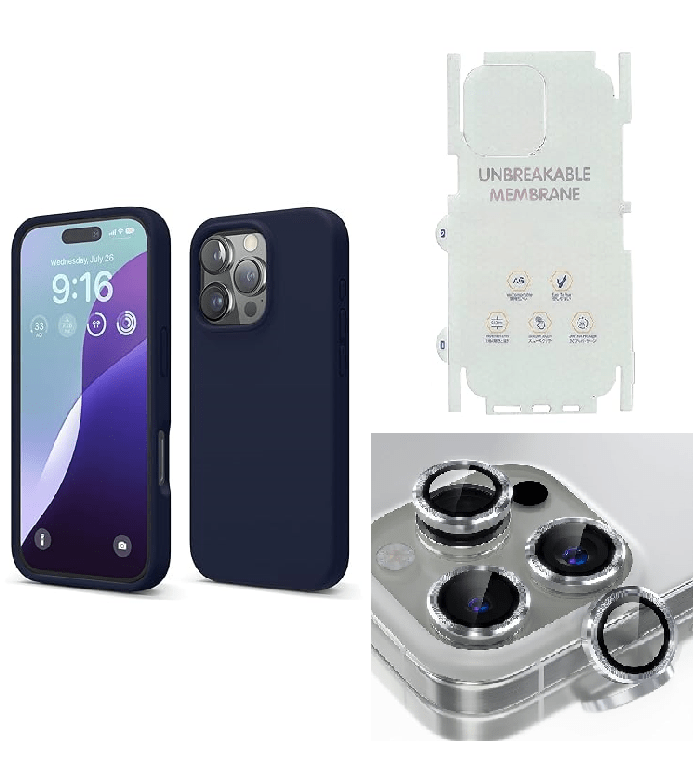 Silicone Bumper Case for iPhone 16 Pro Max (Blue) | Camera Lens (White) | Matte Finish Back Membrane screen Guard (Pack Of 3) Combo