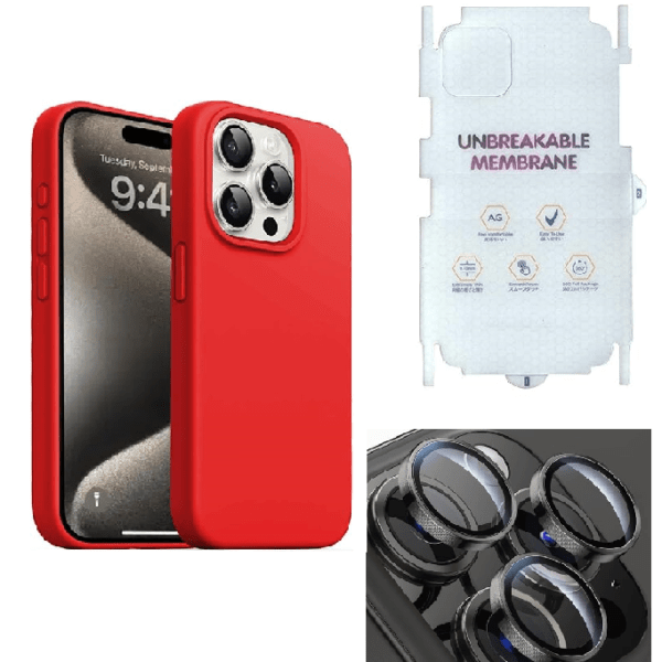 Silicone Bumper Case for iPhone 15 Pro Max (Red) | Camera Lens (Black) | Matte Finish Back Membrane screen Guard (Pack Of 3) Combo