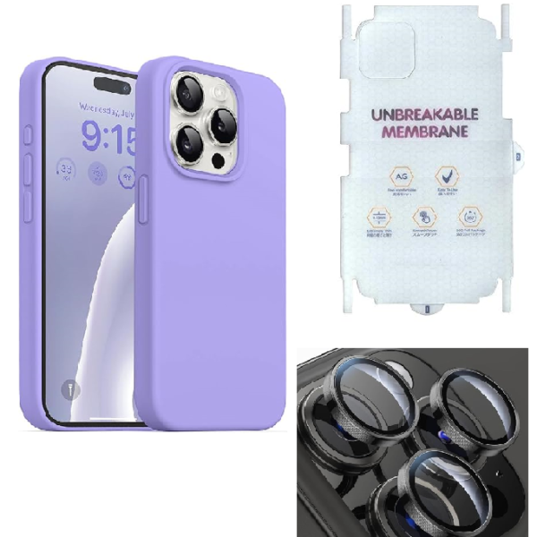 Silicone Bumper Case for iPhone 15 Pro Max (Purple) | Camera Lens (Black) | Matte Finish Back Membrane screen Guard (Pack Of 3) Combo