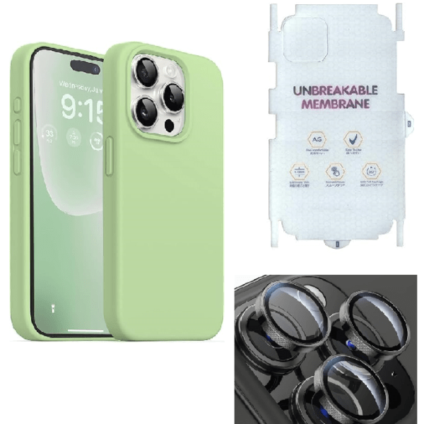 Silicone Bumper Case for iPhone 15 Pro Max (Matcha Green) | Camera Lens (Black) | Matte Finish Back Membrane screen Guard (Pack Of 3) Combo