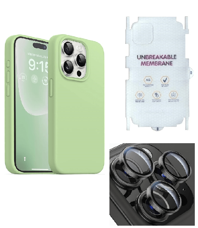 Silicone Bumper Case for iPhone 15 Pro Max (Matcha Green) | Camera Lens (Black) | Matte Finish Back Membrane screen Guard (Pack Of 3) Combo