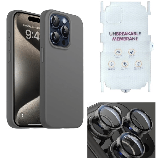 Silicone Bumper Case for iPhone 15 Pro Max (Grey) | Camera Lens (Black) | Matte Finish Back Membrane screen Guard (Pack Of 3) Combo