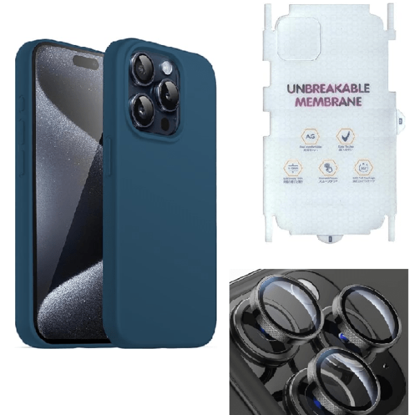 Silicone Bumper Case for iPhone 15 Pro Max (Blue) | Camera Lens (Black) | Matte Finish Back Membrane screen Guard (Pack Of 3) Combo