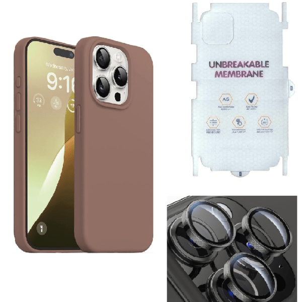 Silicone Bumper Case for iPhone 15 Pro Max (Brown) | Camera Lens (Black) | Matte Finish Back Membrane screen Guard (Pack Of 3) Combo