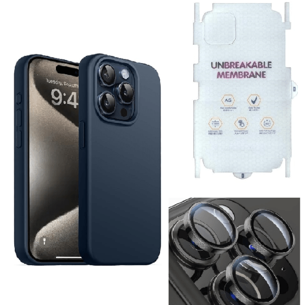 Silicone Bumper Case for iPhone 15 Pro Max (Blue) | Camera Lens (Black) | Matte Finish Back Membrane screen Guard (Pack Of 3) Combo