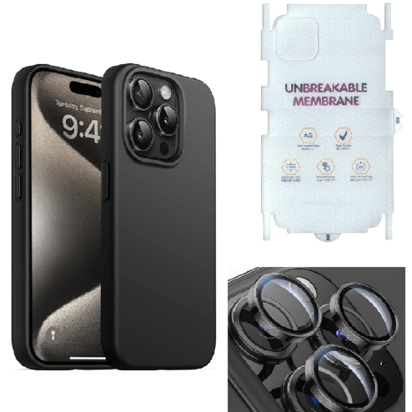 Silicone Bumper Case for iPhone 15 Pro Max (Black) | Camera Lens (Black) | Matte Finish Back Membrane screen Guard (Pack Of 3) Combo